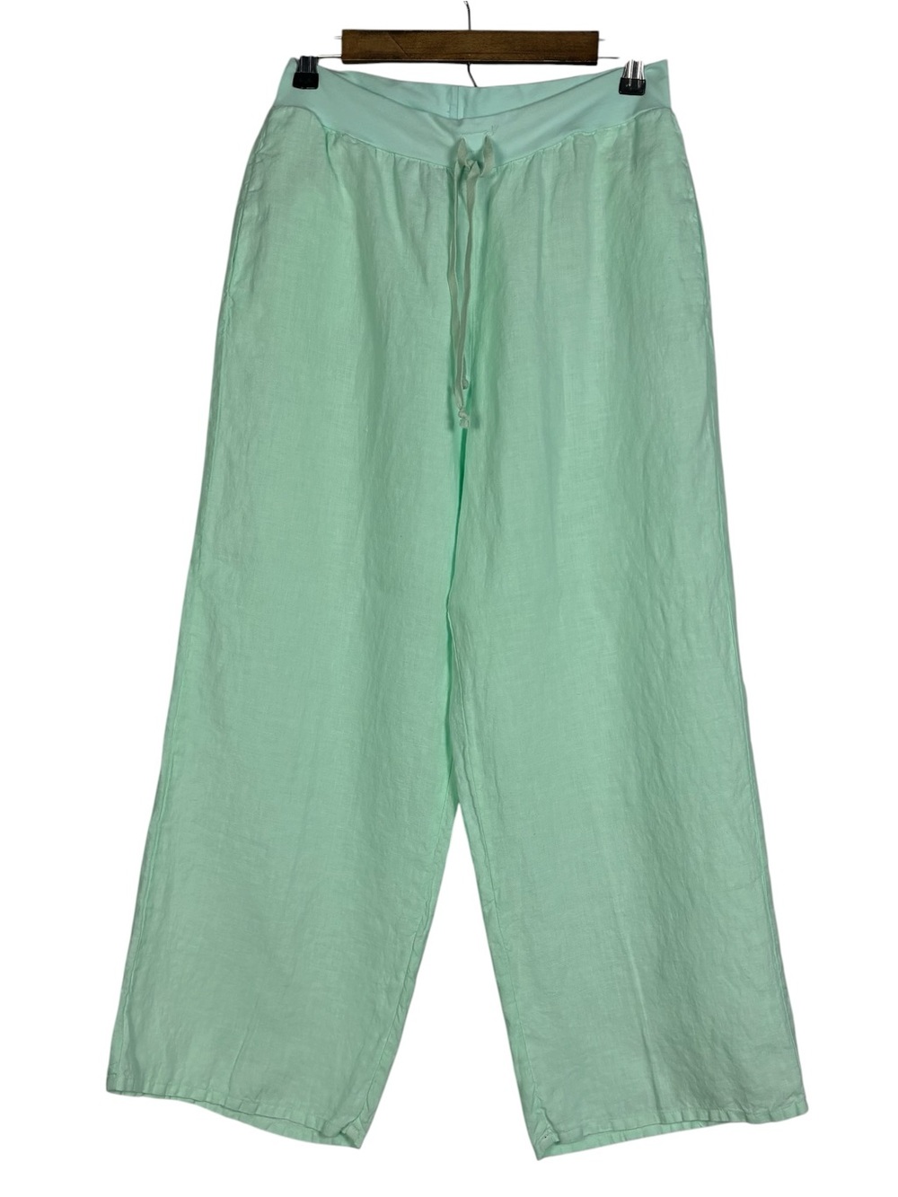 FLAX Women's Mint Green 100% Linen Elastic Waist Straight Leg Pants Size Small